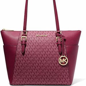 Michael Kors Charlotte Top Zip Tote MK Signature Shoulder Bag, Mulberry Multi